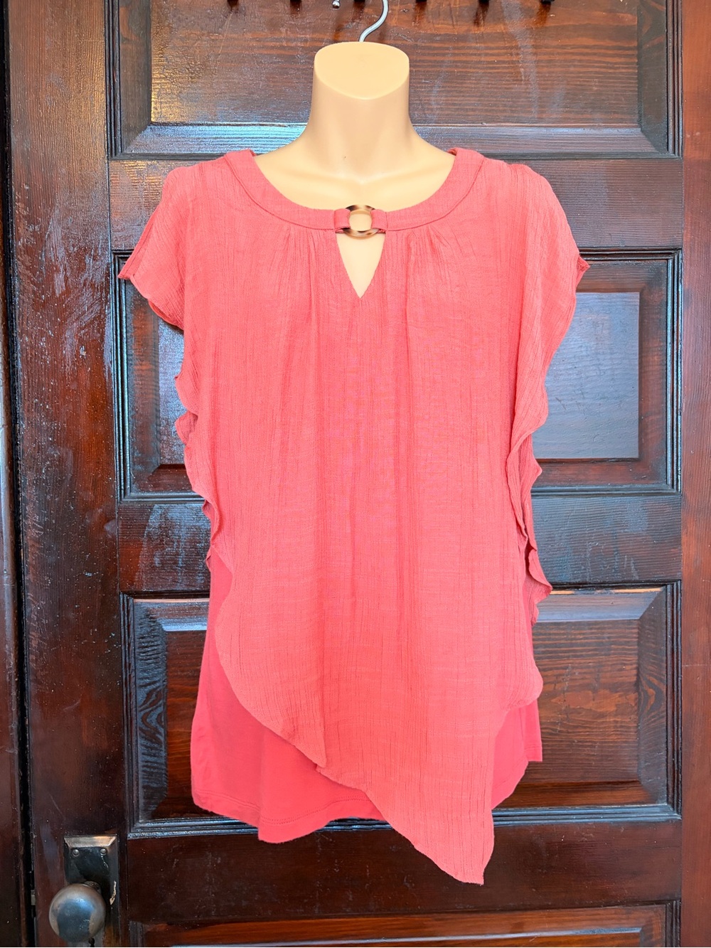 Alyx Coral Asymmetric Ruffle Sleeve Blouse with Ring Detail